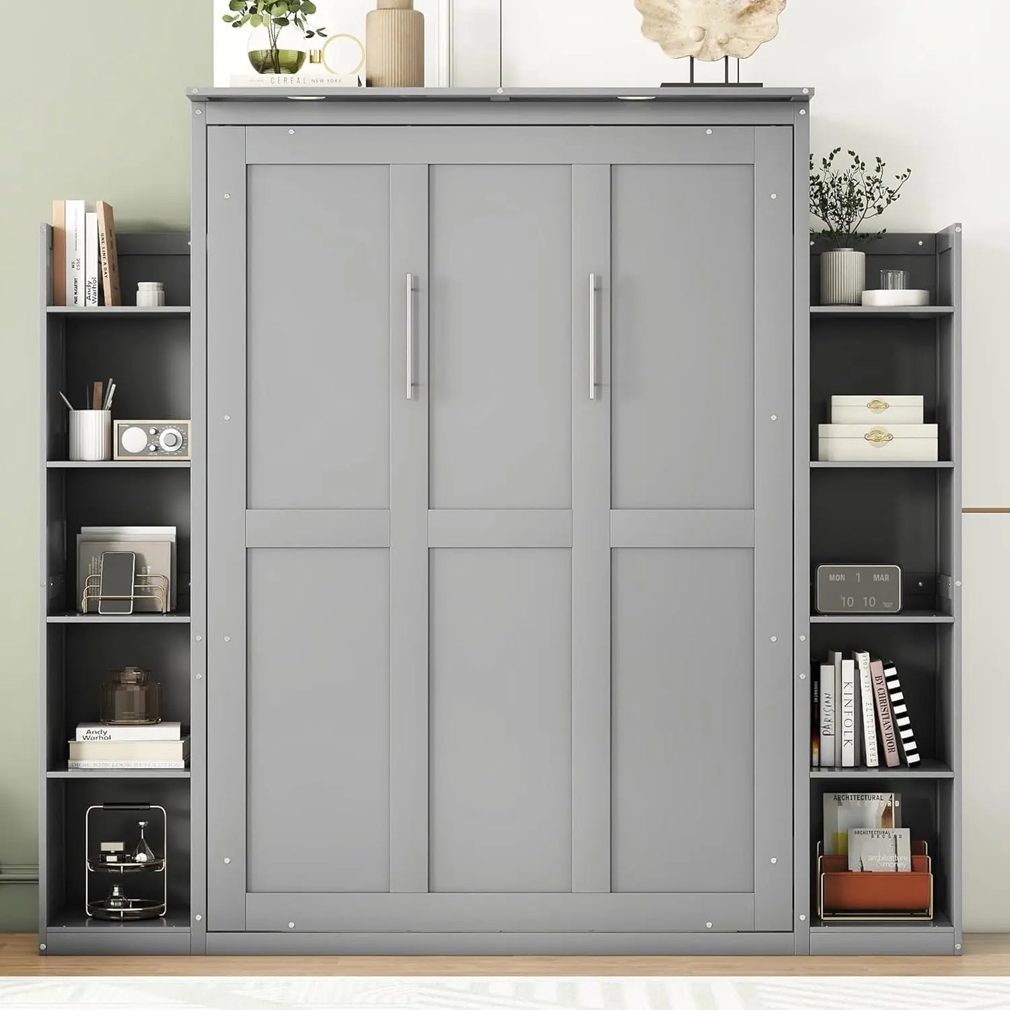 Full Size Murphy Bed Wooden with Shelves and LED Lights.