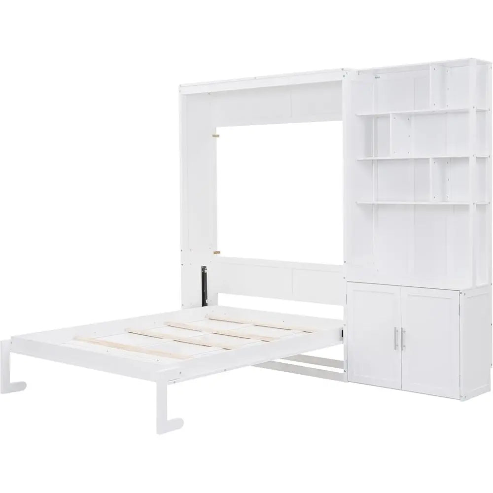 White Wooden Wall-Mounted Bed with Storage Shelves and Cabinet