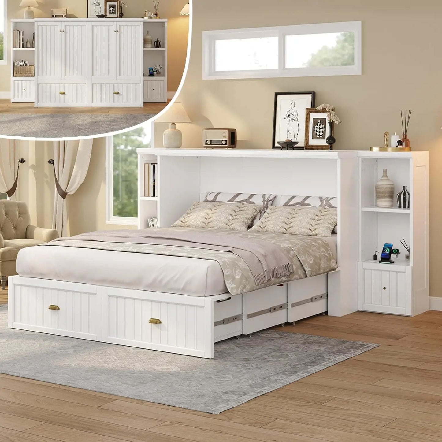 Queen Murphy Bed Cabinet Foldable with Side Shelves and Charging Station.