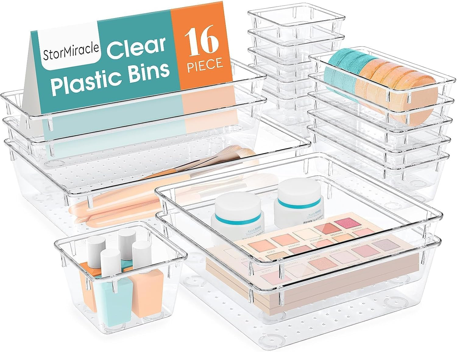 16 PCS Drawer Organizer Set, 5 Varied Size Bathroom and Kitchen Drawer Cabinet Organizer Trays, Clear Storage Bins for Makeup, Jewelry, Utensils and Gadgets