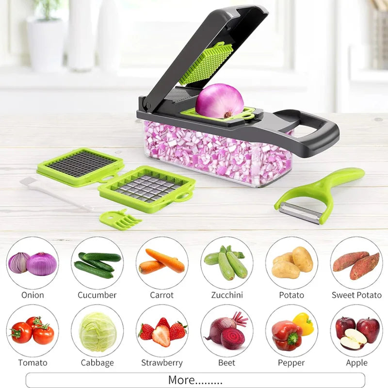 Multifunctional Vegetable Chopper with 8 Interchangeable Blades.