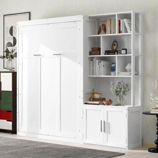 White Wooden Wall-Mounted Bed with Storage Shelves and Cabinet