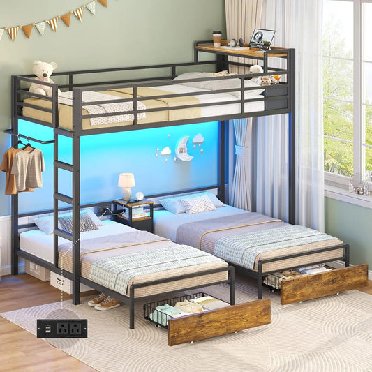 Triple Bunk Bed with Storage Drawers, night stand and Bedside Shelf.