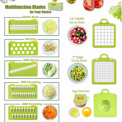Multifunctional Vegetable Chopper with 8 Interchangeable Blades.