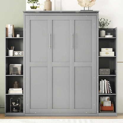 Full Size Murphy Bed Wooden with Shelves and LED Lights.