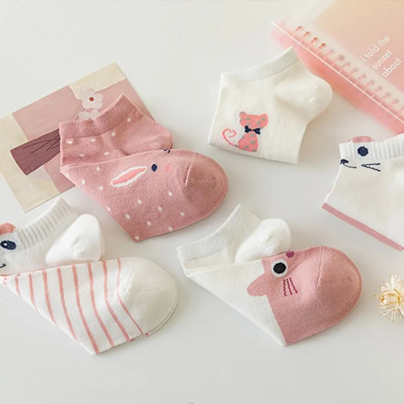 5/10/20 Pairs Women's Pink Cat Short Tube Socks