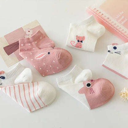 5/10/20 Pairs Women's Pink Cat Short Tube Socks