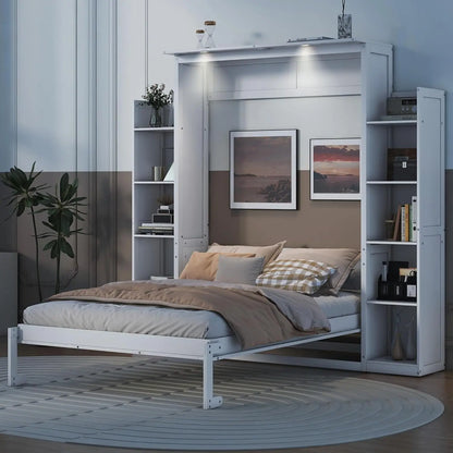 Full Size Murphy Bed Wooden with Shelves and LED Lights.