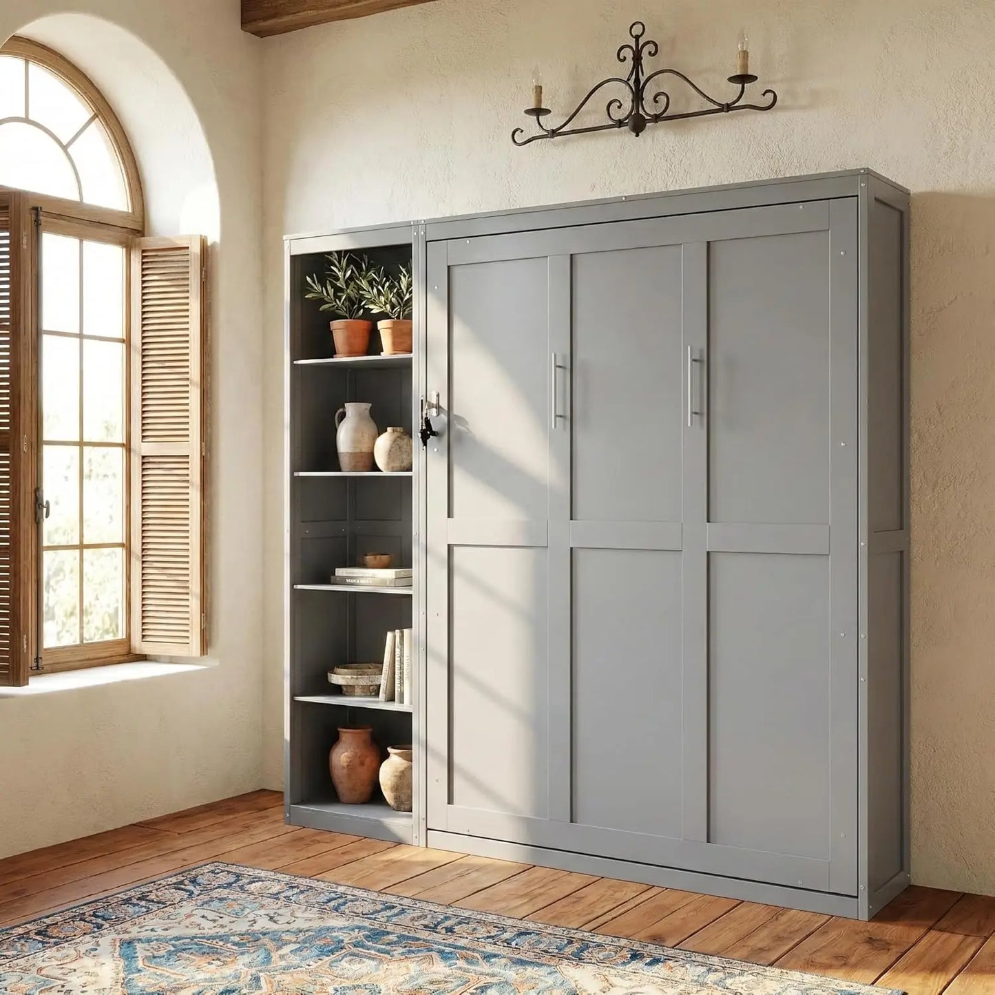 Queen Murphy Wood Bed with 2 Closets & Storage Shelf