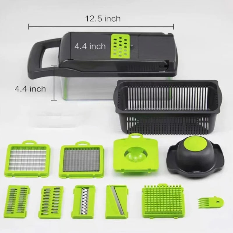 Multifunctional Vegetable Chopper with 8 Interchangeable Blades.