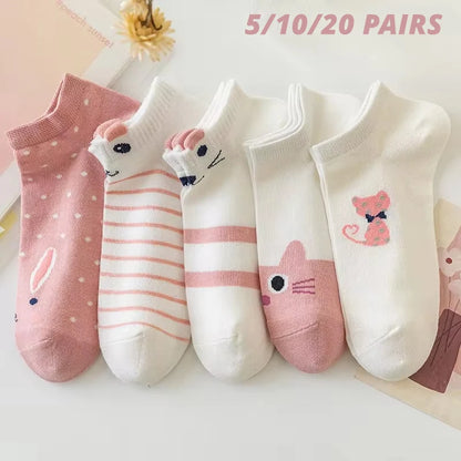 5/10/20 Pairs Women's Pink Cat Short Tube Socks