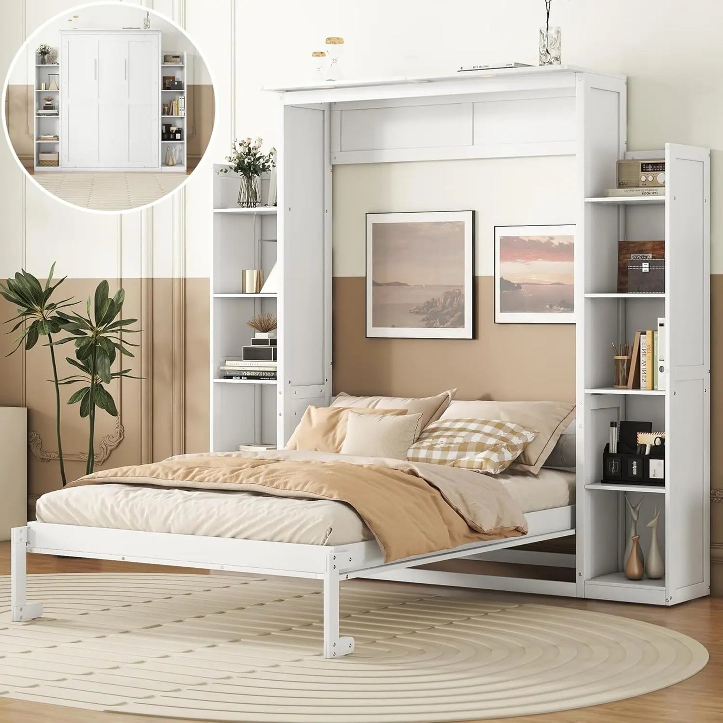 Full Size Murphy Bed Wooden with Shelves and LED Lights.