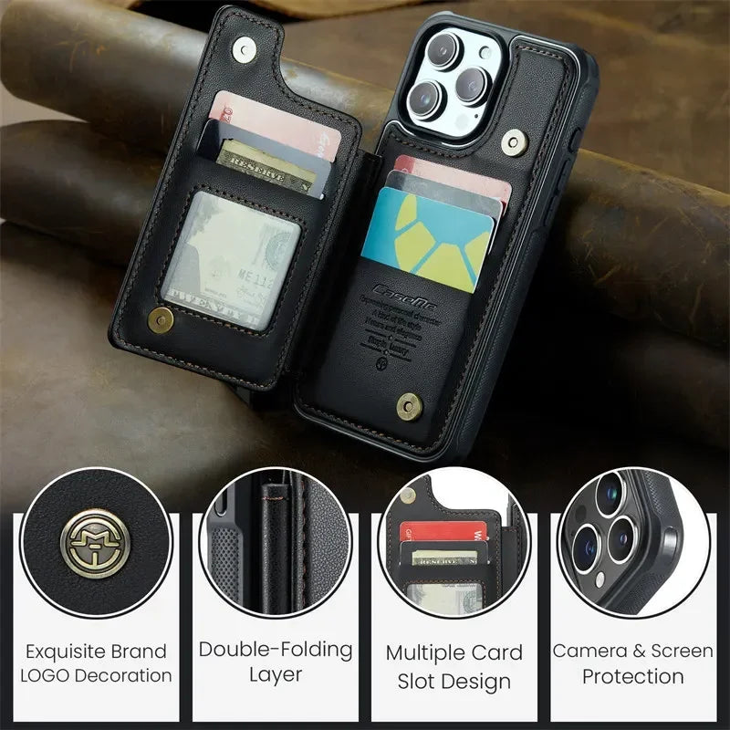 Flip Leather Phone Case with wallet for iPhone 17 Pro Max 17E 16 Plus 15 14 13 12 11 XR X XS