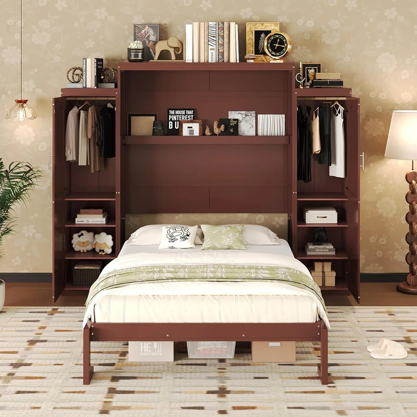 Queen Murphy Wood Bed with 2 Closets & Storage Shelf