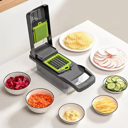 Multifunctional Vegetable Chopper with 8 Interchangeable Blades.
