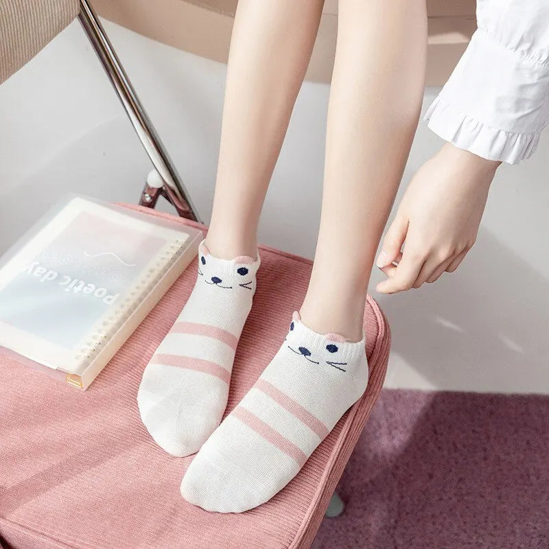 5/10/20 Pairs Women's Pink Cat Short Tube Socks