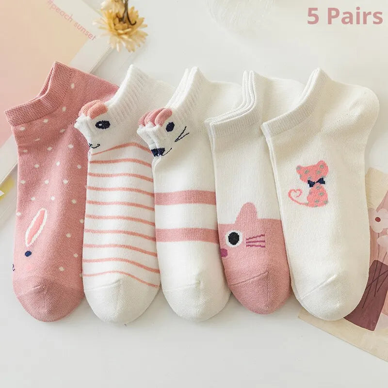 5/10/20 Pairs Women's Pink Cat Short Tube Socks