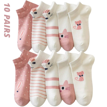 5/10/20 Pairs Women's Pink Cat Short Tube Socks