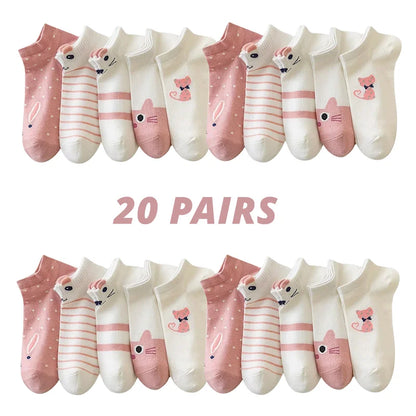 5/10/20 Pairs Women's Pink Cat Short Tube Socks