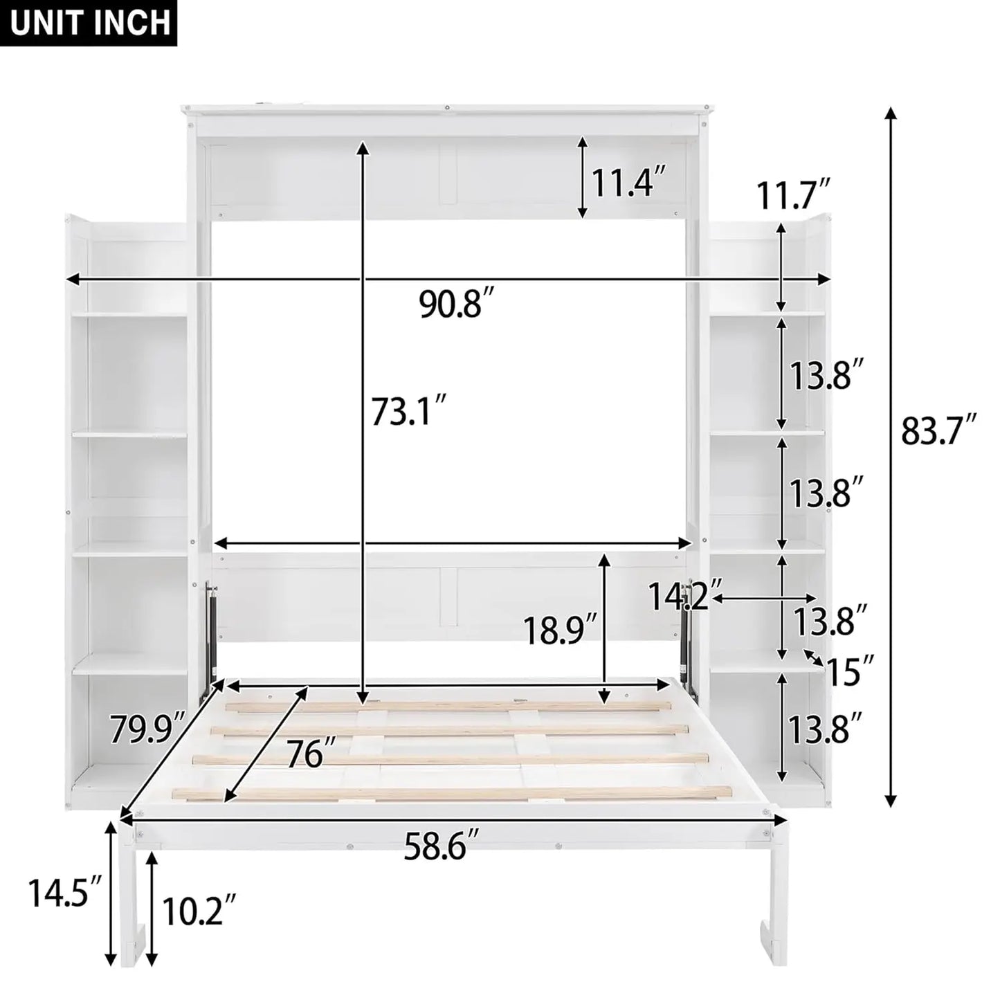 Full Size Murphy Bed Wooden with Shelves and LED Lights.