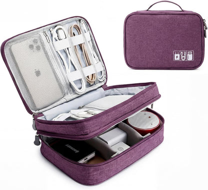Travel Cable Organizer Bag, Electronic Accessories Case Portable Double Layer Cable Storage Bag for Cord,Phone,Charger, Flash Drive, Phone, SD Card,Personal Items - (Purple)