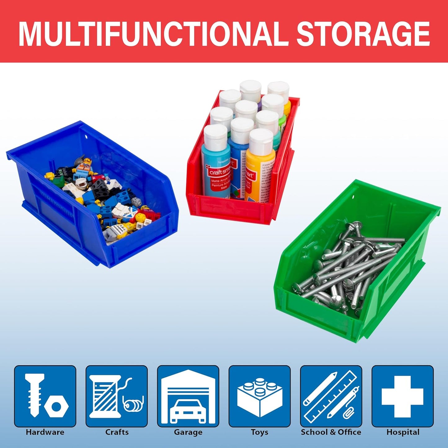 30220 Akrobins Plastic Hanging Stackable Storage Organizer Bin, 7-Inch X 4-Inch X 3-Inch, Red, 24-Pack